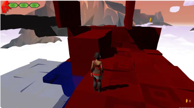 Figur 12  Spelarens vy från ovansidan av det komplexa hindret i slutgiltig form  Ett  element  i  artefakten  som  designades  om  och  justerades  flera  gånger  under  utvecklingsprocessen  var  det  hinder  mot  slutet  av  nivån  som  uteslutande  best