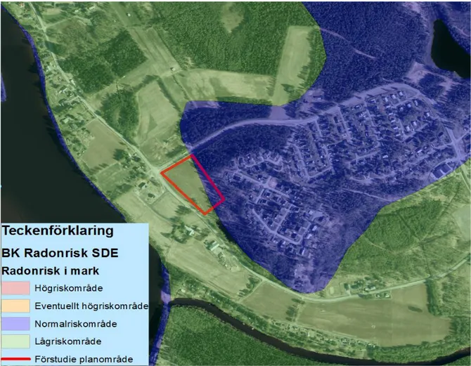 Figur 7 Planområdet ligger inom normal till lågrisk område för radon. Ortofoto från Bodens kommuns karttjäns