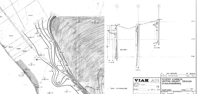 Figur 8 Geoteknisk undersökning utförd 1974, Västra Sävast och Öändan, sondering nr 4, 5 och 6 är inom aktuellt  planområdet 