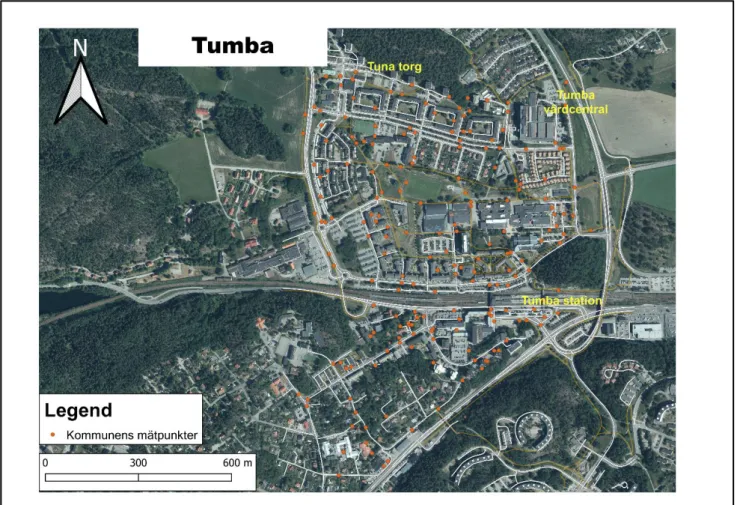 Figur 1. Kommunens mätpunkter. I Tumba, Botkyrka kommun, har data om skräpföremål och  skräpsituation samlats in från 200 olika platser under perioden 2018–2020