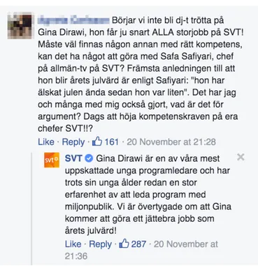 Figur	
  3.	
  Skärmdump	
  av	
  öppet	
  kommentarsfält	
  på	
  SVT:s	
  Facebook-­‐sida	
  (2015-­‐11-­‐21).