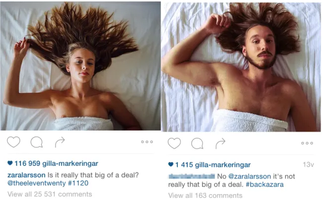 Figur	
  8	
  och	
  Figur	
  9.	
  Skärmdumpar	
  från	
  Instagram.	
  Bild	
  från	
  Zara	
  Larssons	
  Instagramkonto	
  och	
  en	
  solidarisk	
   selﬁe	
  (2015-­‐11-­‐21).	
  