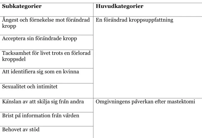 Tabell 1. Subkategorier och huvudkategorier 