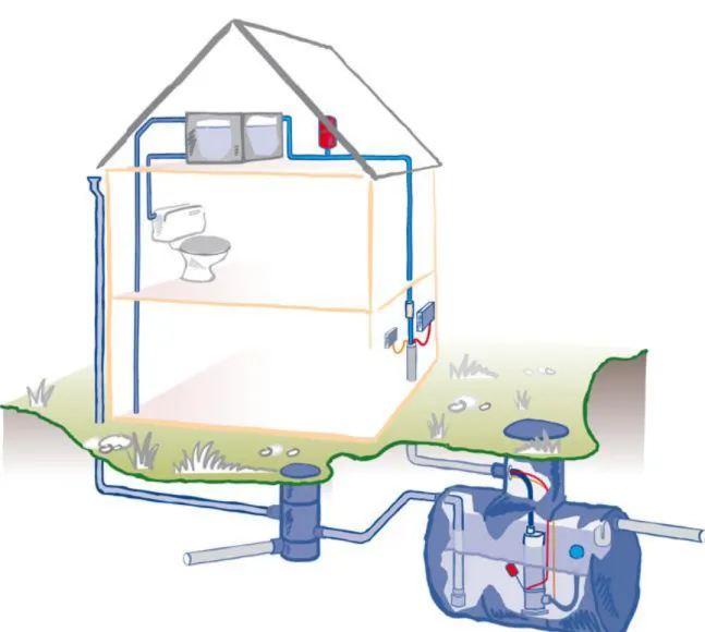 Figur 2. Principskiss över hur ett rainwater harvesting system kan utformas med uppsamling,  lagring och distribution (Rainharvesting systems, 2018) 