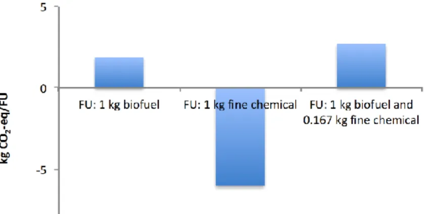 Figure 6.3. Greenhouse gas emissions when using different functional units for the biorefinery example  (system expansion)
