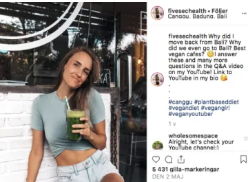 Figur 5. En bild från en influencer med inriktning på vegansk  kost (@fivesecofhealth)