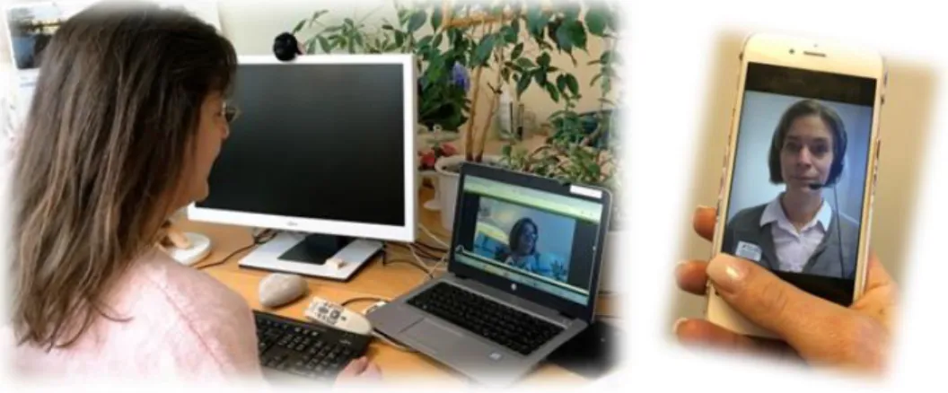 Figur 1. Digitala vårdmöten kan ske via dator eller en smartphone (personerna på bilderna  har gett sitt medgivande om publicering)