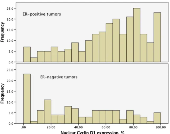 Fig. 2 Distribution of nuclear cyclin D1 expression according to ER status
