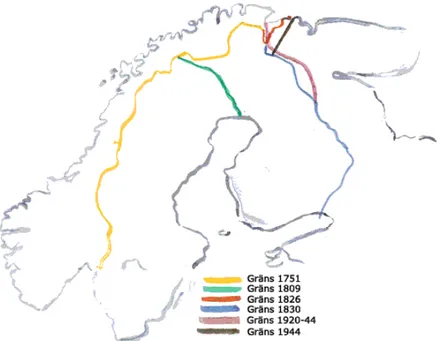 Figur 3. Illustration över gränser som tillkommer inom Sápmi mellan 1751-1944 källa: Samer 2  (2019)