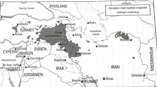 Figur 8. Områden med kurdisk majoritet (Karlsson 2017 sid10) 