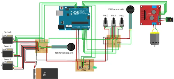 Figure 3.13. The purpose for this was to try and make the connections intuitive, where one PCB connects all the parts for the robotic arm and another for the arm unit