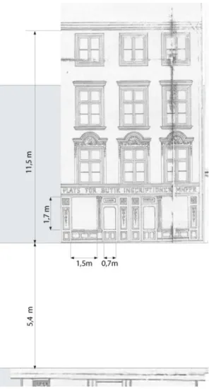 Figur 2.1. Fasadritning av Västerlånggatan 63. Underlag hämtade från Stockholms  stadsarkiv 
