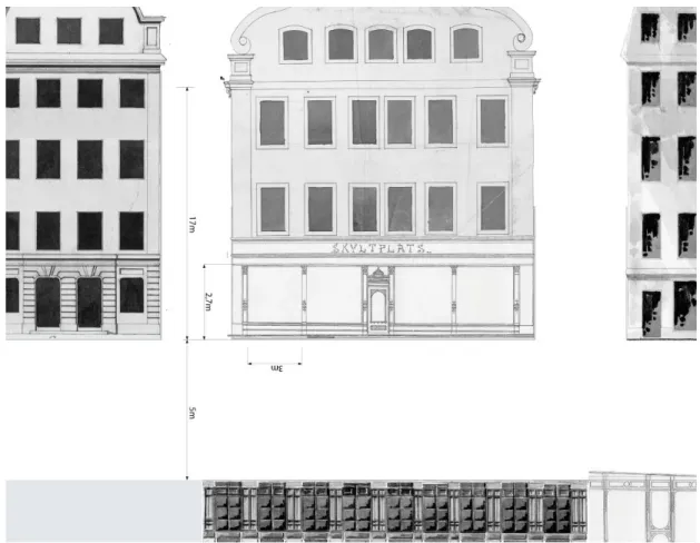 Figur 2.2. Fasadritning av Västerlånggatan 38. Underlag hämtade från Stockholms  stadsarkiv 