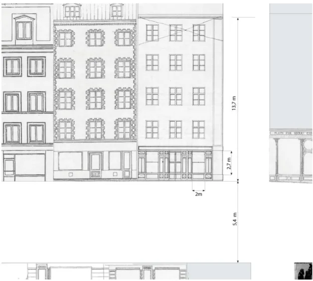 Figur 2.3. Fasadritning av Västerlånggatan 41. Underlag hämtade från Stockholms  stadsarkiv 