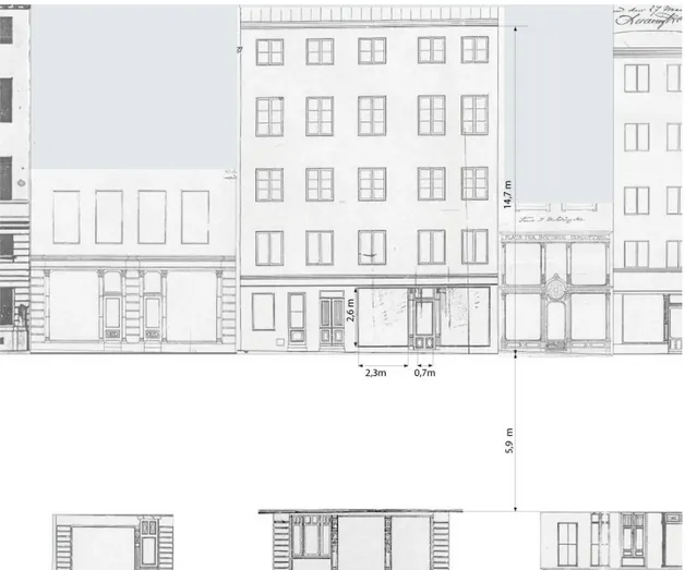 Figur 2.4. Fasadritning av Västerlånggatan 31. Underlag hämtade från Stockholms  stadsarkiv 