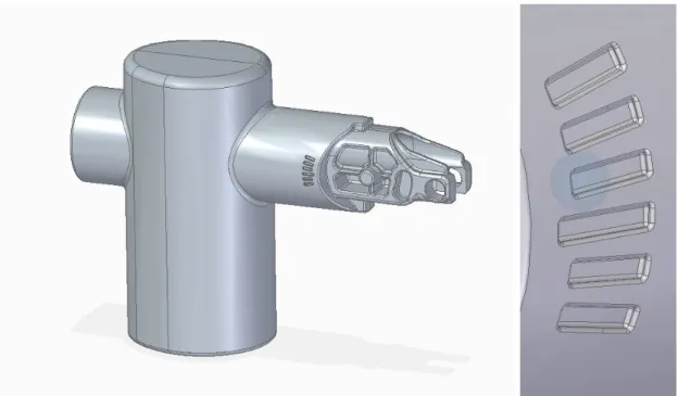 Figur 17: 3D-modellerad representation av gjutkonstruktion (vänster bild)             Figur 18: Bild på snäppen med tillagda radier (höger bild) 