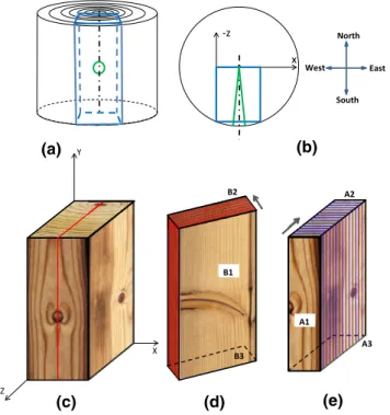 Fig. 3 Illustration of specimen preparation. a A potential specimen is indicated by blue lines within a log; the green circle indicating the position of a knot and the dot-dashed black line the assumed plane of symmetry