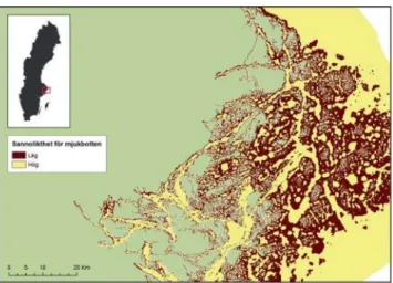 Figure 1. The likeliness of finding soft bottom-sediment in the archipelago outside of  Stockholm (Naturvårdsverket, 2012) 