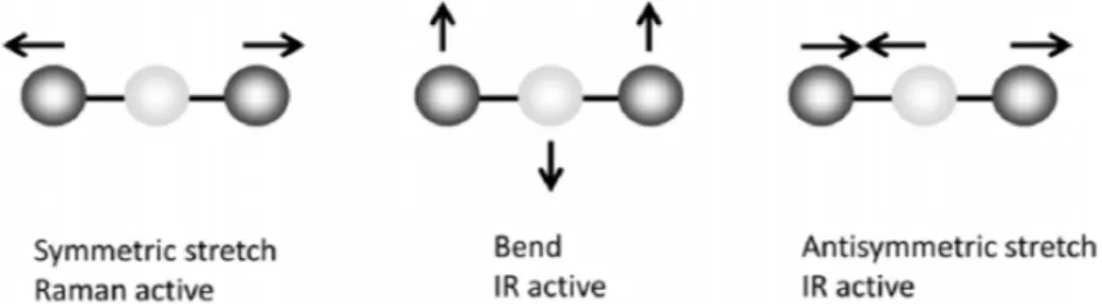 Figure 3. Raman and IR active vibrational modes for a linear three-atom molecule. 