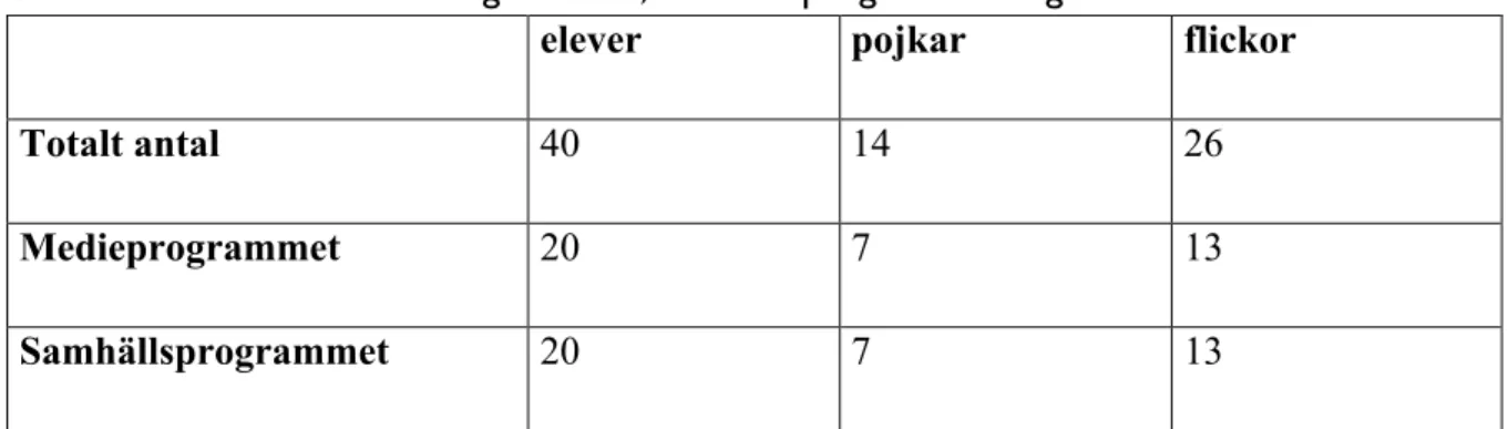 6.1.1  Tabell 1 – elevunderlaget i antal, kön och programtillhörighet  