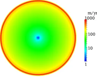 Figure 5: Experiment 1 - The velocity magnitude of a circular ice sheet, as seen from above, after 30 months