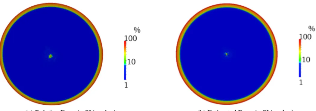 Figure 6: Experiment 1 - Exact and estimated relative error in SIA in percent, after 30 months, viewed from above