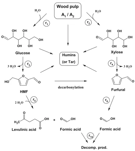 Fig. 1 The reaction network upon production of the platform chemicals levulinic and formic acids from cellulose as well as the reactions used in the mathematical model