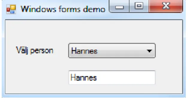 Figur 1 illustrerar en väldigt simpel Windows forms applikation som  använder kontrollerna/komponenterna ”label” med texten ”Välj Person”, 
