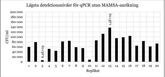 Figur  5:  Lägsta  detektionsnivåer  i  CFU/ml  för  qPCR  utan  MAMSA-anrikning  för  samtliga  replikat  (1–20)