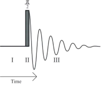 Figure 3.1: A representation of a simple pulse sequence with I, time for thermal equilibrium to be recovered, II, one π 2 -pulse that disturbs the thermal equilibrium and III, the acquisition of the FID.