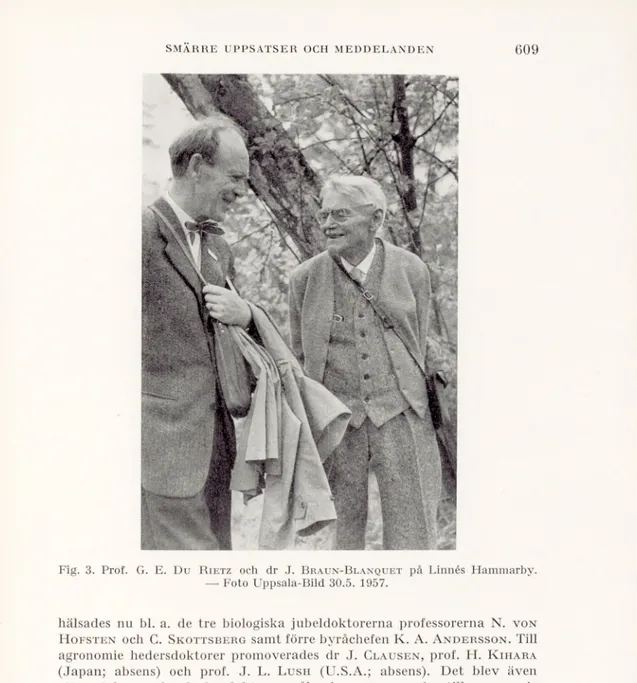 Fig. 3. Prof. G. E. Du  R ietz och dr J.  B raun -B lanquet på Linnés Hammarby. 