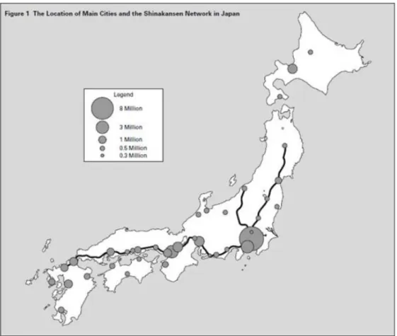 Figur 7. Shinkansens sträckning och Japans befolkningstäthet (Okada, 1994) 