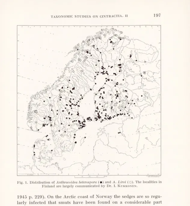 Fig. 1. Distribution of Anthracoidea heterospora (•) and A. Liroi  (o).  The localities in  Finland are largely communicated by Dr
