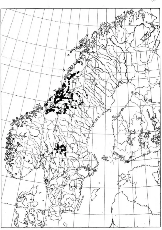 Fig.  l O.  Cetraria  norvegica  (Lynge)  DR.  i  N orden  (e·=  förekomster  p å   gran,  o  =  före­