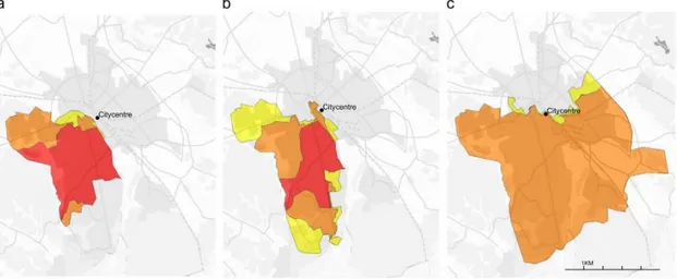 Figure 2: The spread of PFAA in the Uppsala area in a) 1996-2004, b) 2004-2007 and c) 2007- 2007-2012