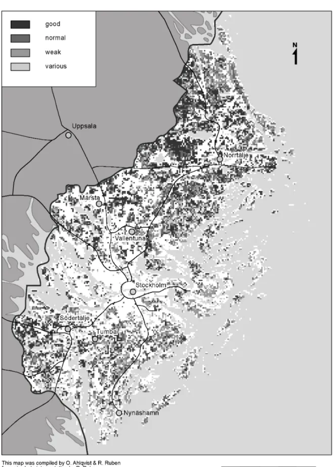 Figure 17  Map of site quality categories in Stockholm County according to R-data from 1975