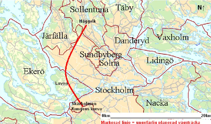 Figur 4. Vägsträckning och direkt berörda kommuner. Källa: Stockholms Stadsbyggnadskontor  KartagoWeb (egen modifiering) 