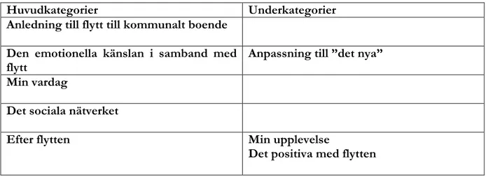 Tabell 1: Schematisk översikt av huvudkategorier och dess underkategorier: 
