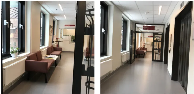Figur 6 visar bilder en korridor på Nya Karolinska sjukhuset i Solna 