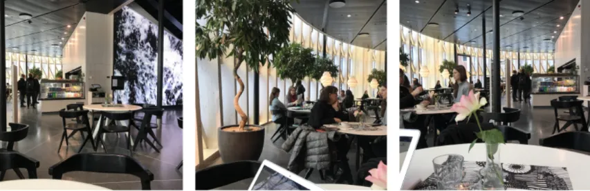 Figur 8 visar bilder av ett café på Nya Karolinska sjukhuset i Solna 