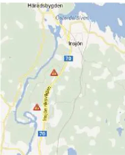 Figur 5.1. Älgolyckor under 3 år på RV 70, Ål-Kilen-Insjön. Karta från viltolycka.se och baserad på ©Google  Maps/Google Earth