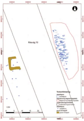 Fig 1. Plan över gravplatsen med stenkonstruktion och gravar på båda sidor om Riksväg 70