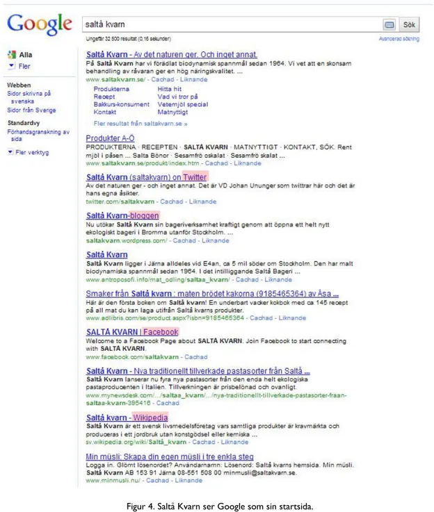 Figur 4. Saltå Kvarn ser Google som sin startsida. 