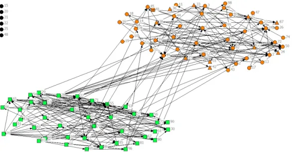 Figure 14. Cross-scale citation connectivity network. The cluster of nodes to the left represent EU (- (-level) Directives and the cluster of nodes to the right represent different regional and international  agreements