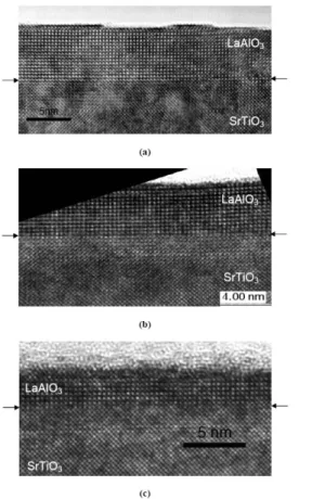 Fig. 2. TEM cross section micrographs of the  LAO/STO films deposited at laser fluence of 1.5  J/cm 2  and  oxygen pressure of 10 -6  mbar (a) , 10 -4 mbar (b) and 5x10 -2  mbar (c) 