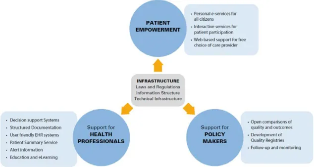 Figure 2.1  E-services  aimed at patients, health professionals and policy makers according to the National  Swedish E-health Strategy (Ministry of Health and Social Affairs, 2010)