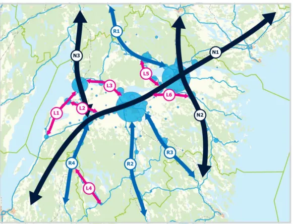 Figur 11. Funktionella transportstråk i Östergötland. Svart=nationella stråk, blå=Mellanregionala stråk,  rosa=Inomregionala stråk (Region Östergötland, 2018a)