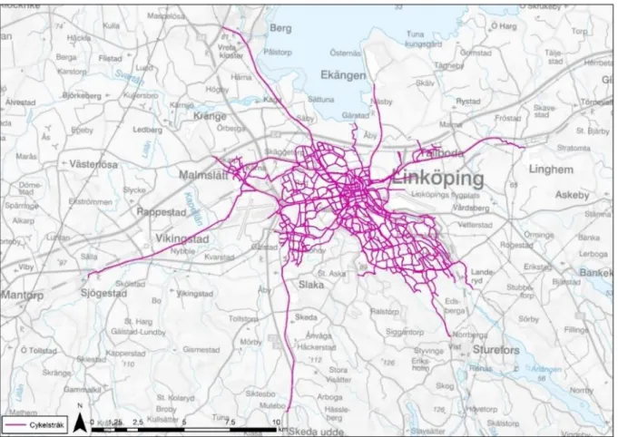 Figur 15. Regional karta över västra Linköping. Linjedragningarna illustrerar lokala såväl som regionala  cykelstråk