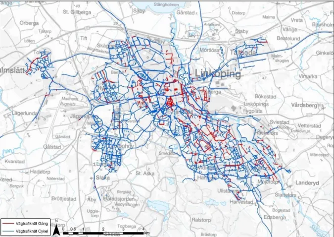 Figur 18. Gång- och cykelnätet i Linköping. Shapefiler erhållna från Linköpings kommun