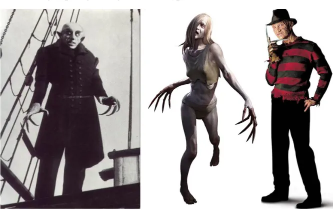 Figur 4 Från vänster till höger: Greve Orlok (Nosferatu 1922), The Witch (Left 4 Dead 2008) och Freddy Kreuger (A  Nightmare on Elm Street 1984)